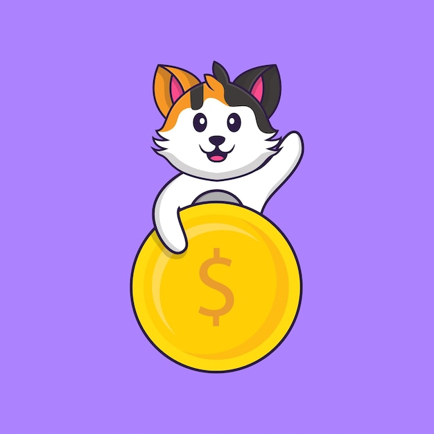 Vector cute cat holding coin. animal cartoon concept isolated.