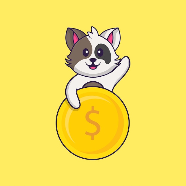 Cute cat holding coin. Animal cartoon concept isolated.