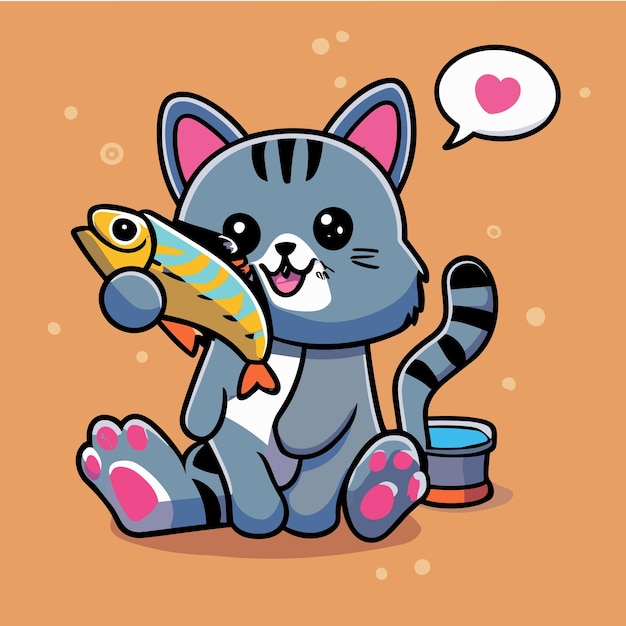 Cute cat holding fish cartoon vector icon illustration