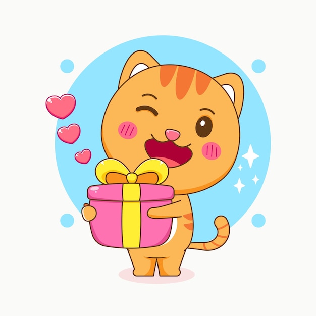 Cute cat holding a gift box cartoon illustration