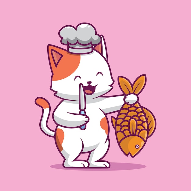 Cute cat holding knife and fish cartoon illustration