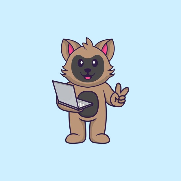 Cute cat holding laptop. Animal cartoon concept isolated. Flat Cartoon Style