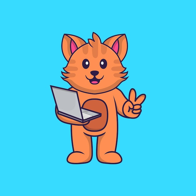 Cute cat holding laptop. Animal cartoon concept isolated.