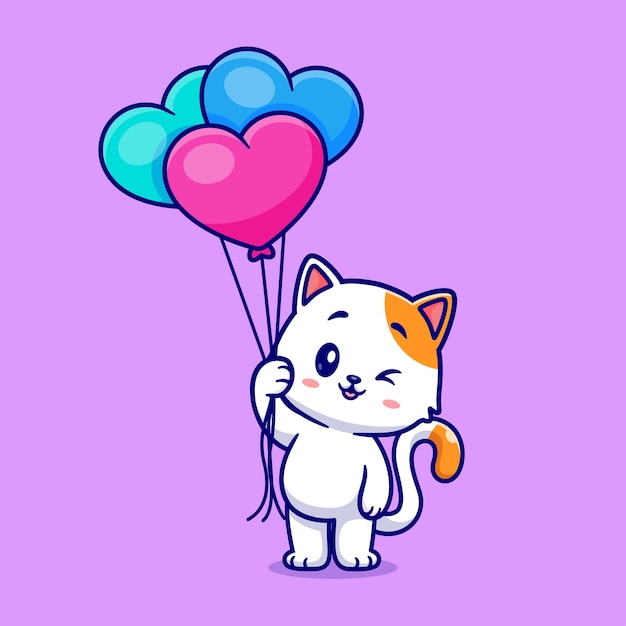 Cute cat holding love heart balloon cartoon vector icon illustration. animal nature icon concept isolated premium vector. flat cartoon style