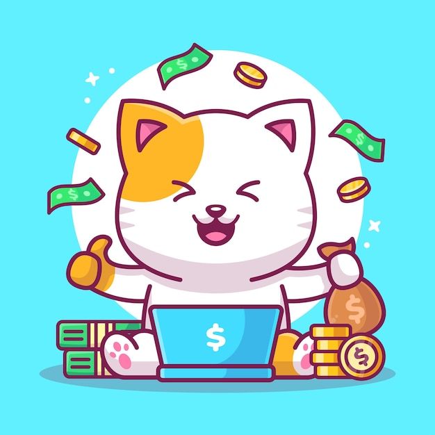 ノートパソコンのコインとお金のイラストとお金のバッグを保持しているかわいい猫