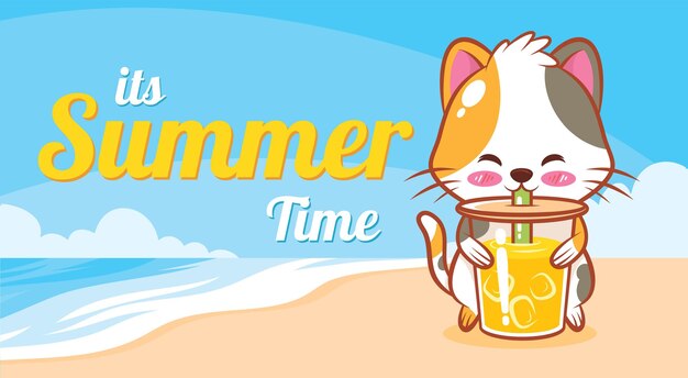 cute cat holding orange juice with a summer greeting banner