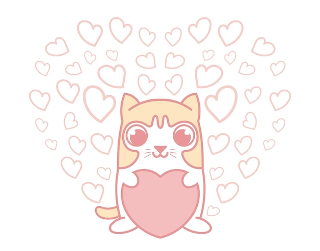 Cute cat holding pink heart with group of small hearts isolated. love concept for valentine.