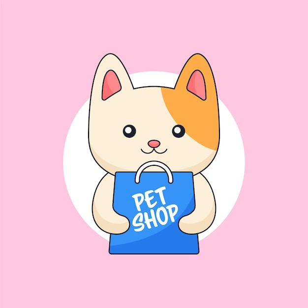 Simpatico gatto che tiene la borsa del negozio per l'illustrazione vettoriale del fumetto della mascotte animale del negozio di animali