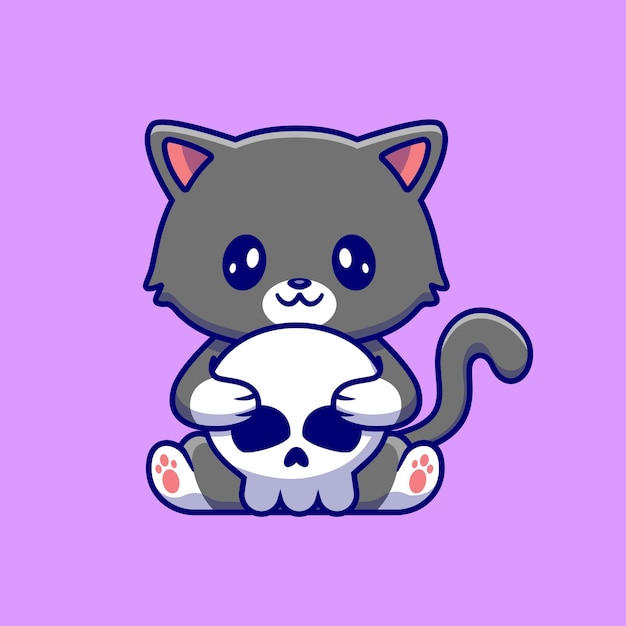 Vector cute cat holding skull bone