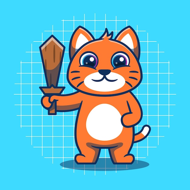 Cute cat holding wooden sword vector illustration