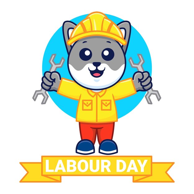 Vector cute cat holding wrench labour day vector cartoon illustration animal work icon concept isolated