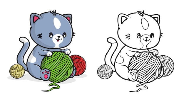 毛糸ボールを保持しているかわいい猫の塗り絵のアウトライン漫画イラスト