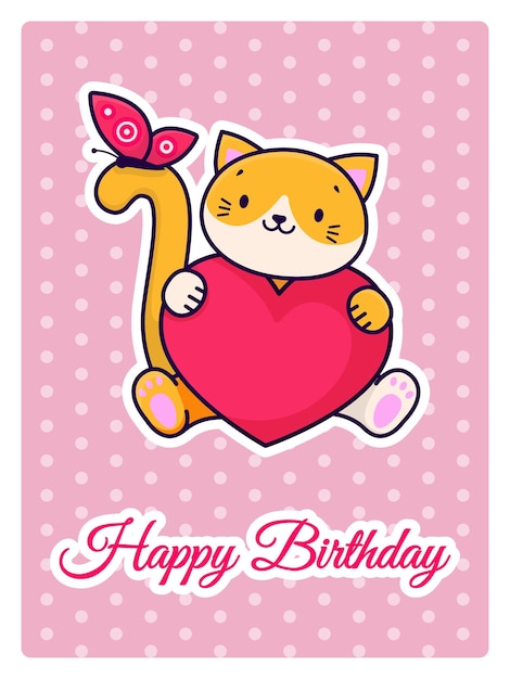 A cute cat holds a heart in its paws Birthday card Cartoon animal design Vector illustration