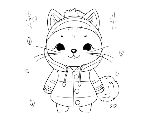 A cute cat in a hoodie with a pom pom on the front Silhouette cat coloring page