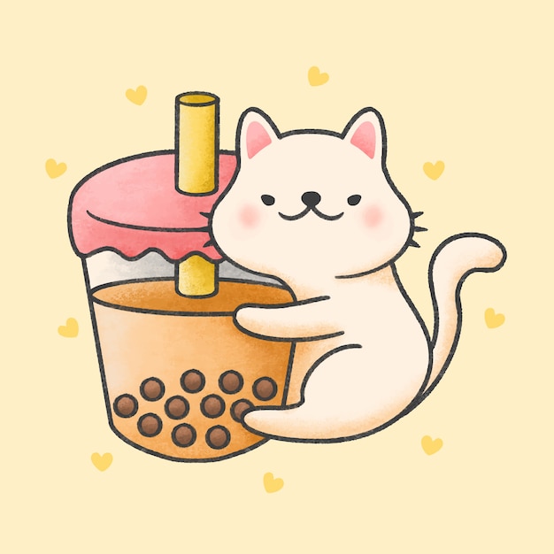 귀여운 고양이 포옹 거품 우유 차 신선한 음료 만화 손으로 그린 스타일