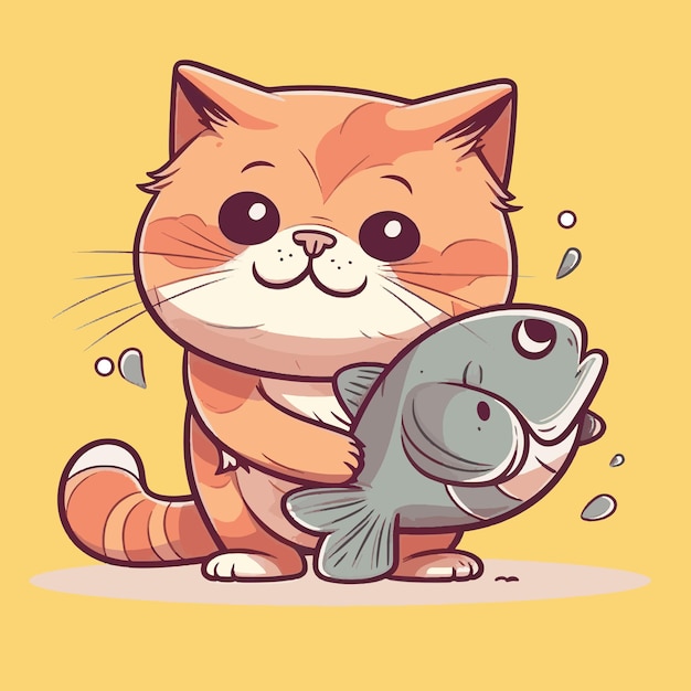 Cute cat hug fish cartoon vector icon illustration animal food icon concept isolated