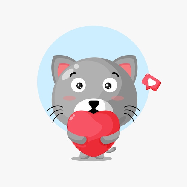 Cute cat hug love heart cartoon icon illustration