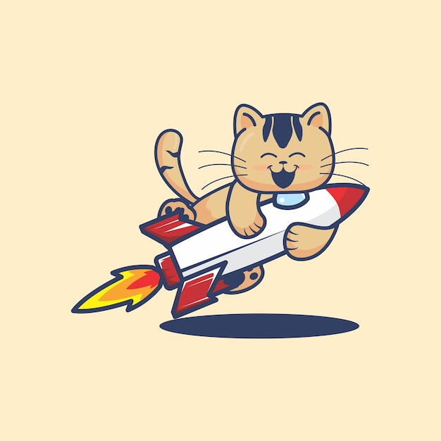 Cute cat hug a rocket cartoon illustration