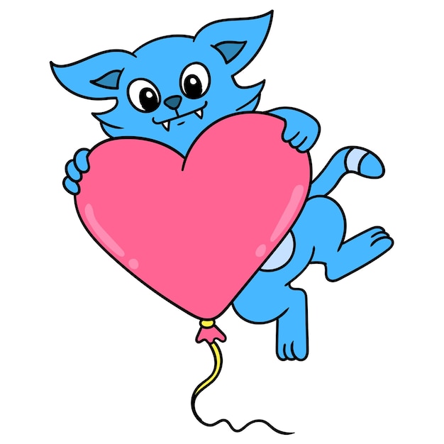 風船の形をした愛のバレンタインのお祝いを抱き締めるかわいい猫、落書きはカワイイを描きます。イラストアート