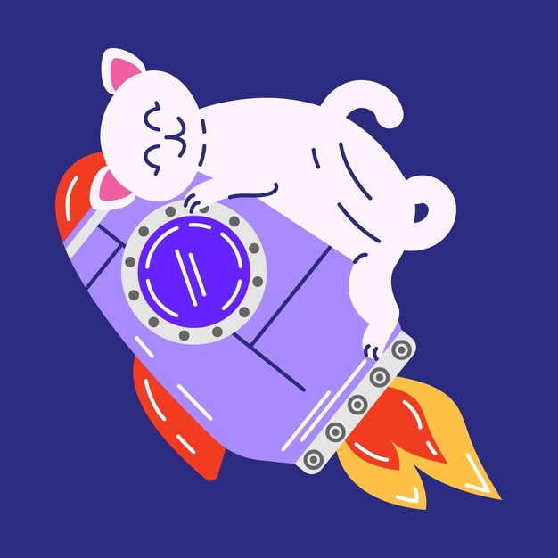 Vector cute cat hugs a rocket vector illustration of a cat character with a rocket flying into space in fl