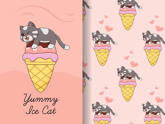 Cute cat ice cone bundle seamless pattern and card