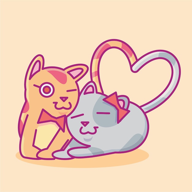 Vector cute cat illustration cat flat illustration illustration of a cat couple making a love symbol with tails cute cat cuddling