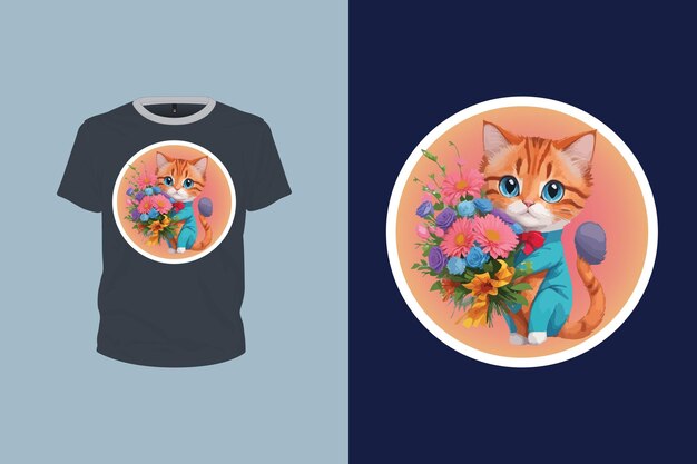 Vector cute cat illustration with some flowers for tshirt design editable print ready vector file