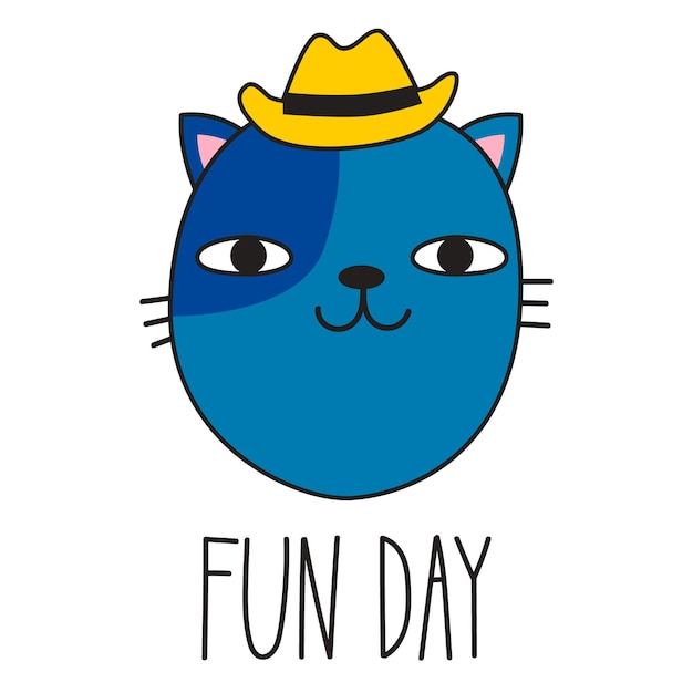 帽子をかぶったかわいい猫とfun dayの文字。落書き風。ベクトル図