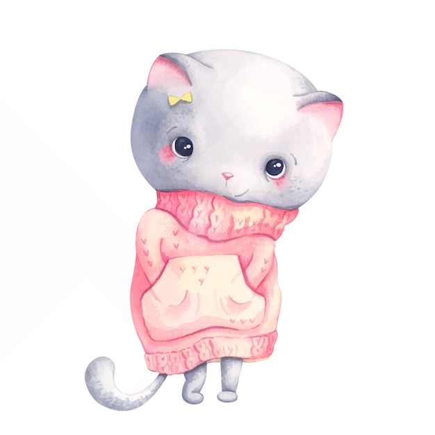 벡터 스웨터 수채화 그림에 귀여운 고양이