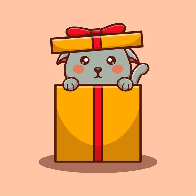 Vettore gatto carino dentro la scatola regalo di natale illustrazione vettoriale di cartoni animati di natale