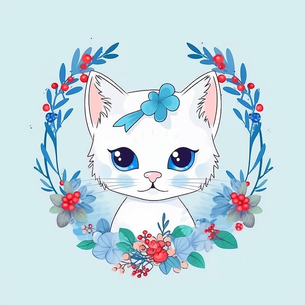 Cute cat inside a circle of flowers watercolor ilustration