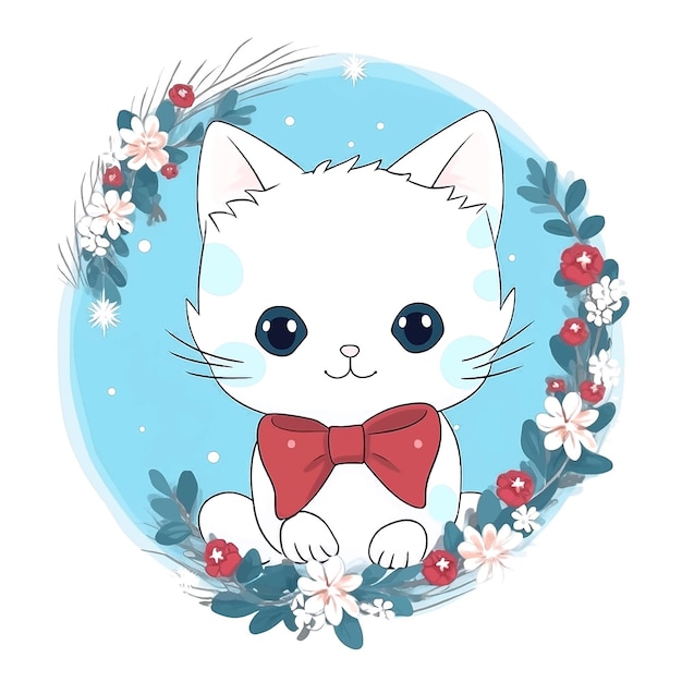 花の輪の中のかわいい猫 水彩イラスト