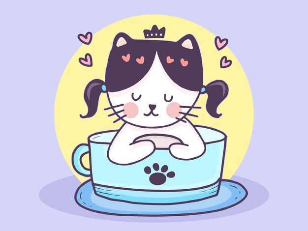 Cute cat inside cup of tea  cartoon illustration