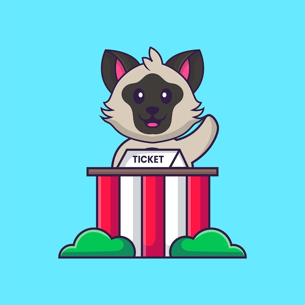 Cute cat is being a ticket keeper. Animal cartoon concept isolated. Flat Cartoon Style