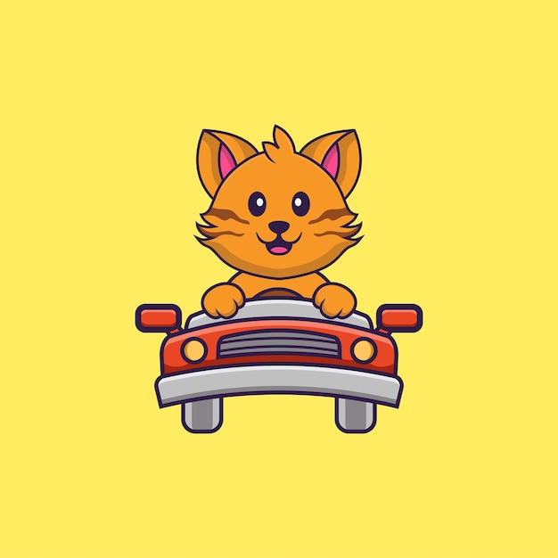 かわいい猫が運転しています。分離された動物漫画の概念。