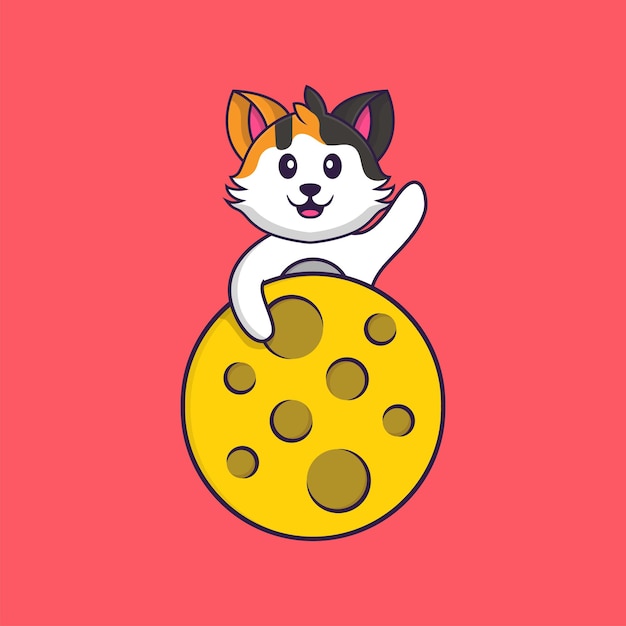 Cute cat is on the moon. Animal cartoon concept isolated. Flat Cartoon Style