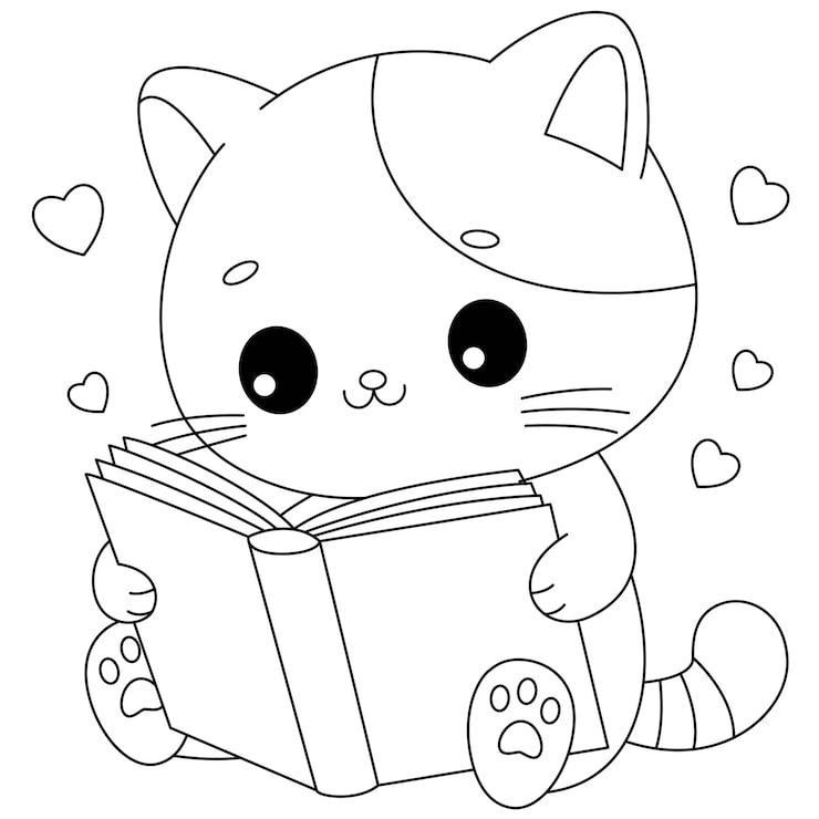 Вектор милая кошка читает книгу для раскрашивания