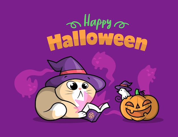 A CUTE CAT IS READING A MAGIC BOOK WITH A MOUSE HALLOWEEN BACKGROUND