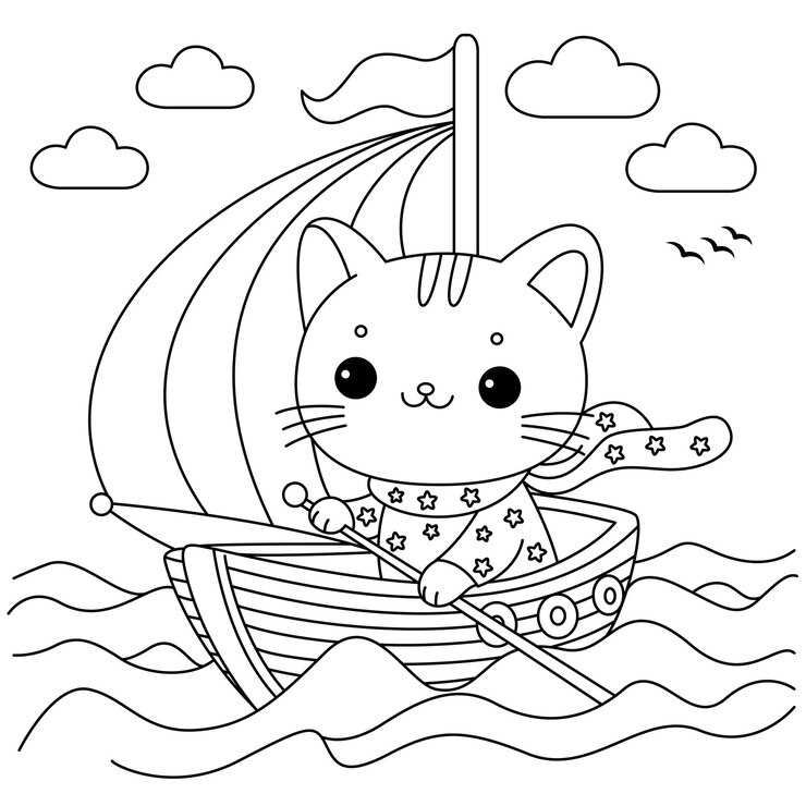 Вектор милая кошка гребёт на лодке в море раскраски кошачий характер вектор иллюстрация