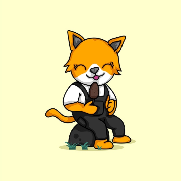 Cute cat is sitting eating ice cream illustration