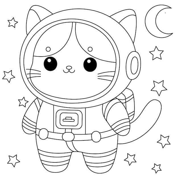 The cute cat is wearing a astronaut suit coloring page