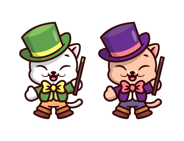 Cute cat is wearing magician clothes and holding a magician stick in two color option high quality cartoon mascot design