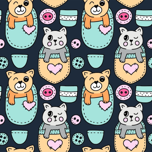 Cute cat kawaii seamless vector pattern