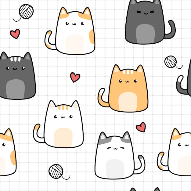 Cute cat kitten cartoon doodle seamless pattern on grid