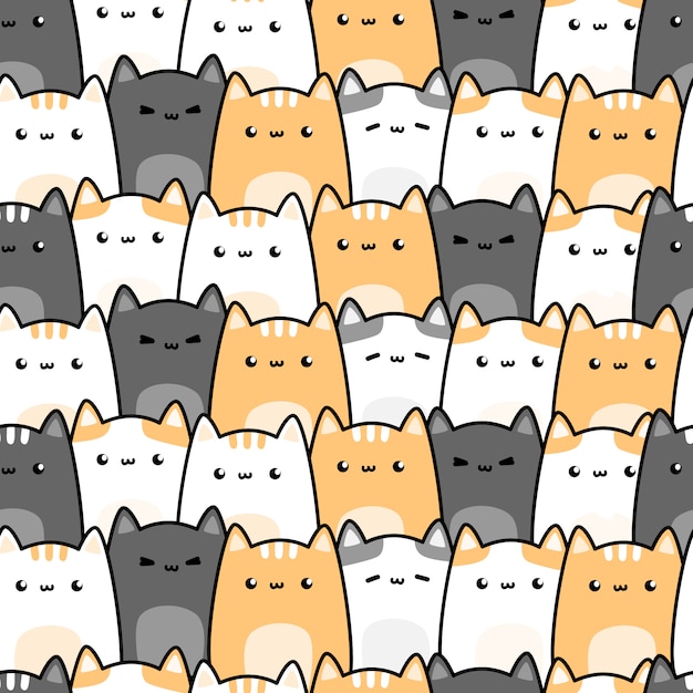 Vector cute cat kitten cartoon doodle seamless pattern