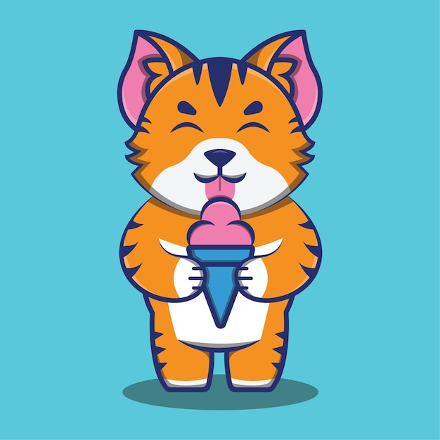 Vector cute cat or kitten eating ice cream cartoon illustration