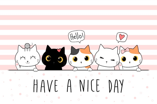 Vector cute cat kitten family greeting cartoon doodle wallpaper cover