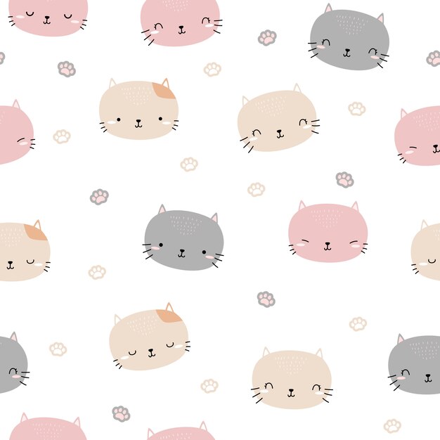 Premium Vector | Cute cat kitten head cartoon doodle seamless pattern