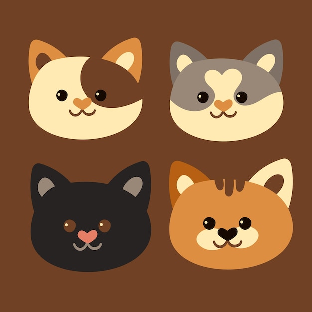 Vector cute cat kitten kitties kitty face set pack illustration kawaii cats