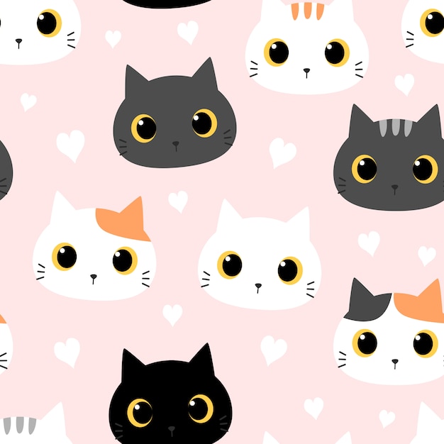 Cute cat kitten with heart cartoon doodle seamless pattern